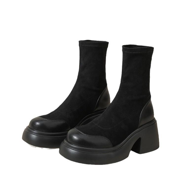 2025 new spring and autumn European station thick-soled heightening retro short boots women's casual not tired feet elastic thin Martin boots