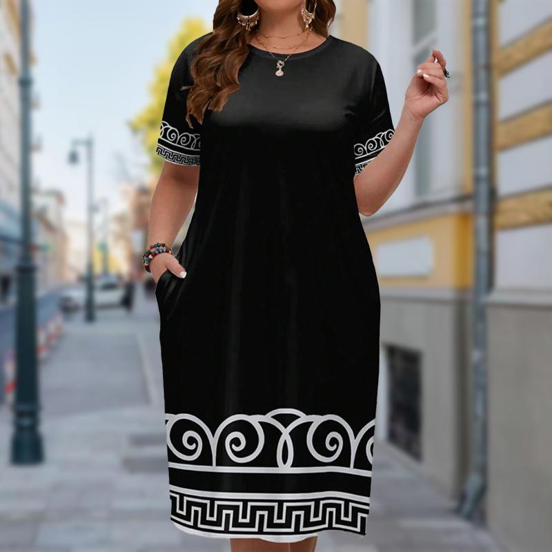 

Женская мода изящный ретро принт лето весна короткий рукав О-образный вырез повседневные платья 8XL чёрный