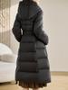 Women's Stylish Over-the-knee White Duck Down Jacket - Long, Slimming, Warm, Waist-Cinched Belted Winter Outerwear.