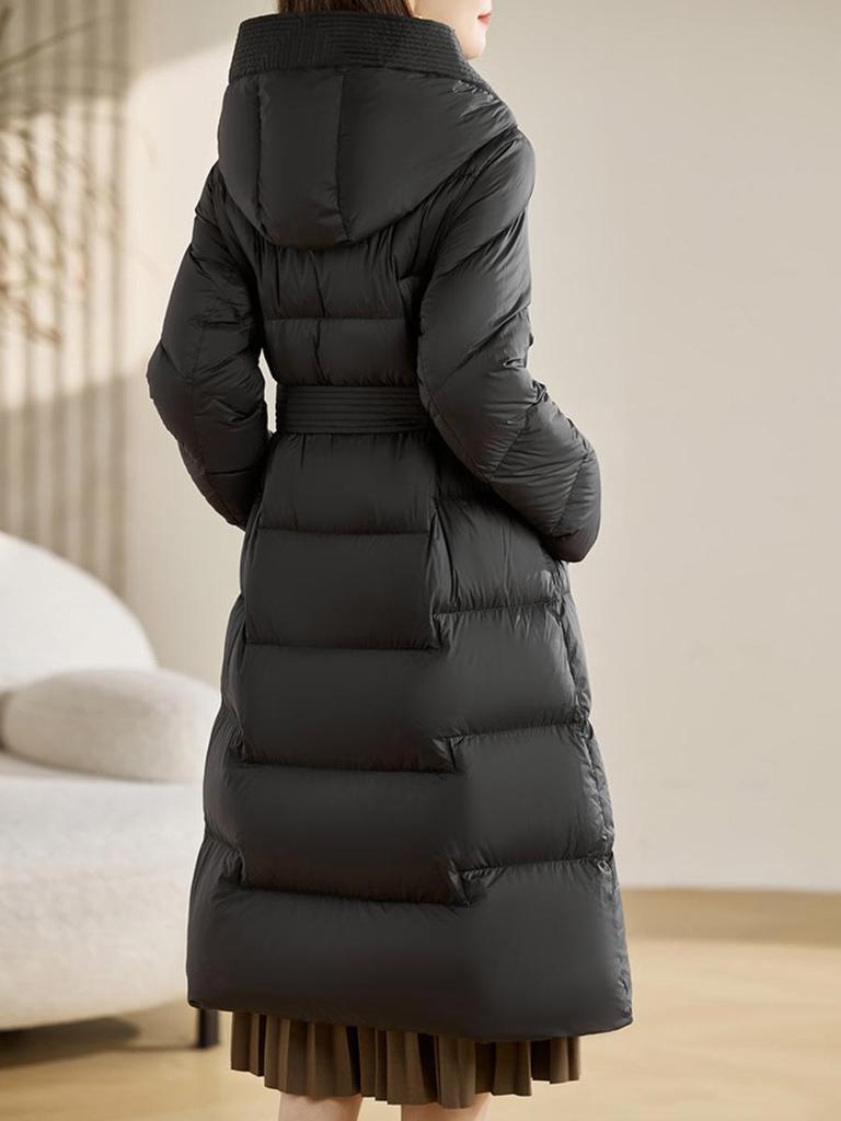 Women's Stylish Over-the-knee White Duck Down Jacket - Long, Slimming, Warm, Waist-Cinched Belted Winter Outerwear.