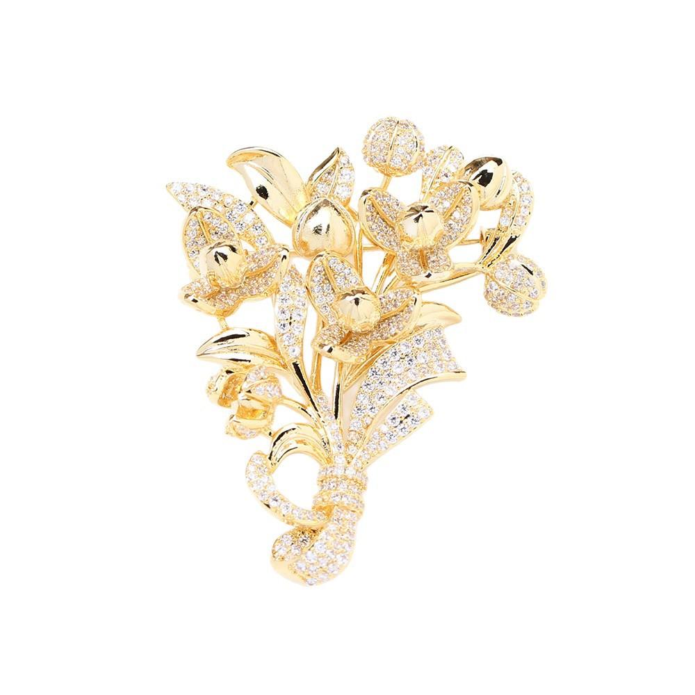 Elegant and exquisite full of zircon gold Longdu flower brooch temperament niche high-end bouquet pin coat accessories