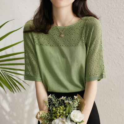 Women's High-end Summer Wear Hollow Round Neck Knitted T-shirt Top