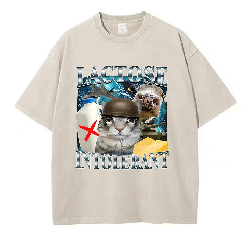 Retro T Shirt Vintage Washed Cotton T-Shirt Lactose Intolerant Funny Cat Meme Graphic Tee Casual Streetwear Spring