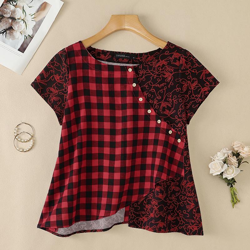 ZANZEA Women Casual Round Neck Summer Short Sleeve Print Blouse