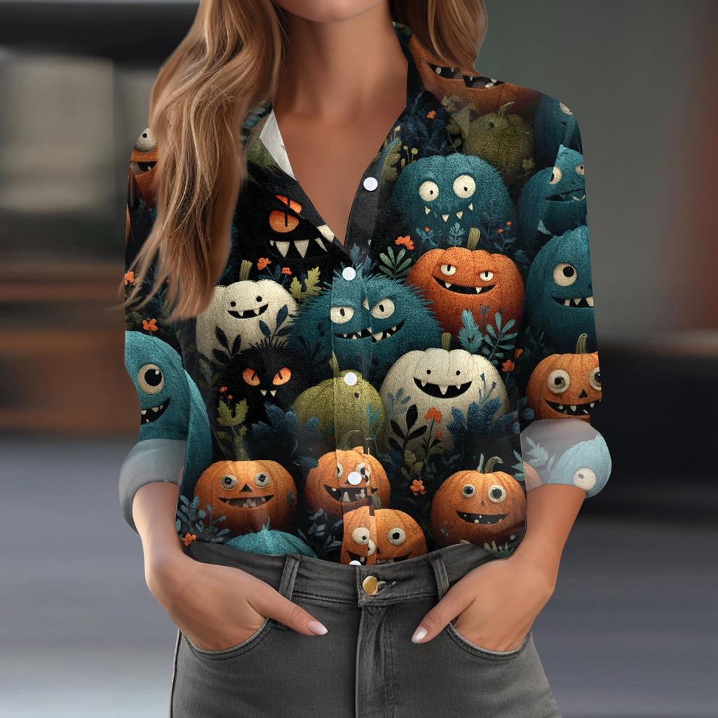 Damen Hemd Bluse Halloween Print Knopf Langarm Lässig Basic Hemdkragen Regulär Top