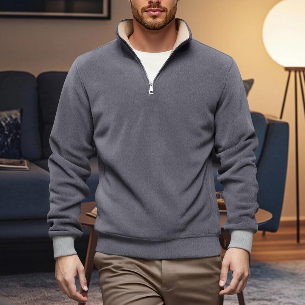 Men's Casual Solid-color Stand-up Collar Pullover, One-third Zipper Long-sleeved Men's Fleece Thickened Warm Sweatshirt