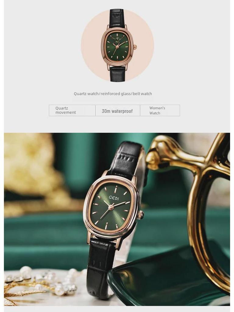 Godi Retro Oval Ladies’ Waterproof Quartz Watch with Genuine Leather Strap