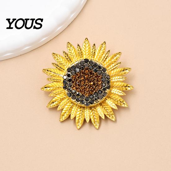 Decorative Sunflower Pin Brooch Pin, Large Design Lapel with Rhinestones Inlaid, Three-Dimensional Strong Buckle Petals Floral Badge, Electroplated