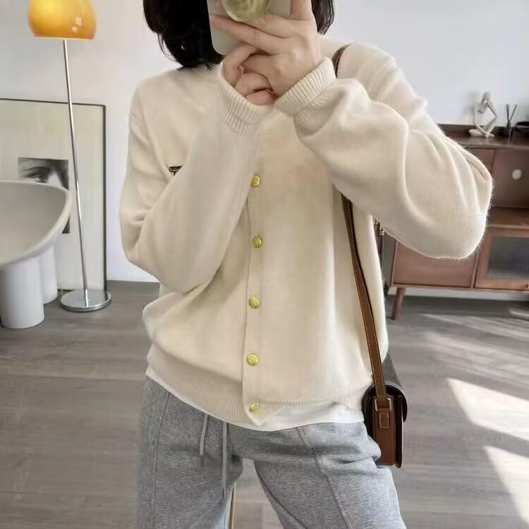 Women's 100% Wool Embroidered Badge Cardigan - New for Early Spring 2025, Soft Round Neck, Thin Knit Sweater.