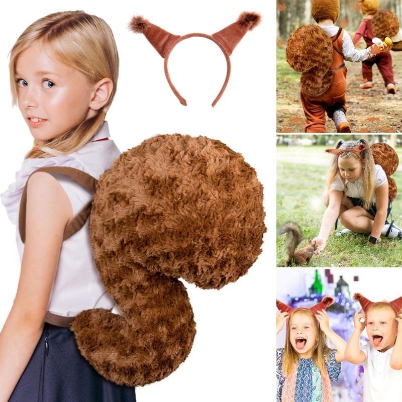 Squirrel Ear Headband with Tail Animal Squirrel Costume Squirrel Ears & Tail Kit for Halloween Party Fancy Dress Cosplay