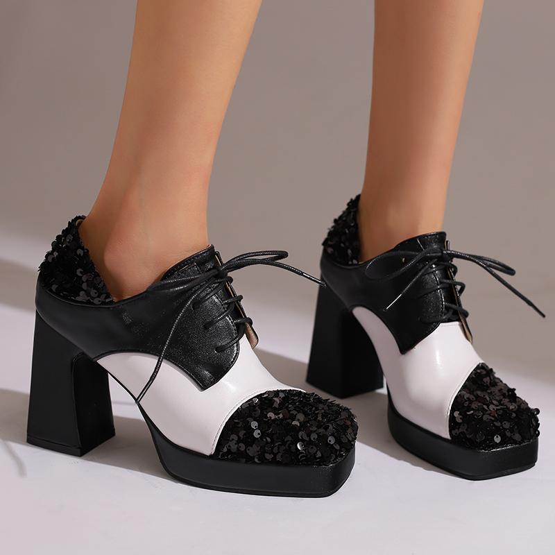 Plus Size Glitter Patchwork PU Lace Up High Heels Square Toe Waterproof Platform Ultra-High Thick Heel Breathable Women's Pumps