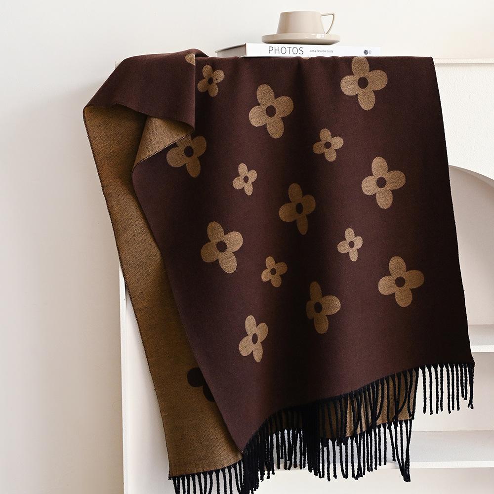 Coffee core-spun yarn acrylic scarf women's new simple jacquard strip imitation cashmere long fringed loose shawl