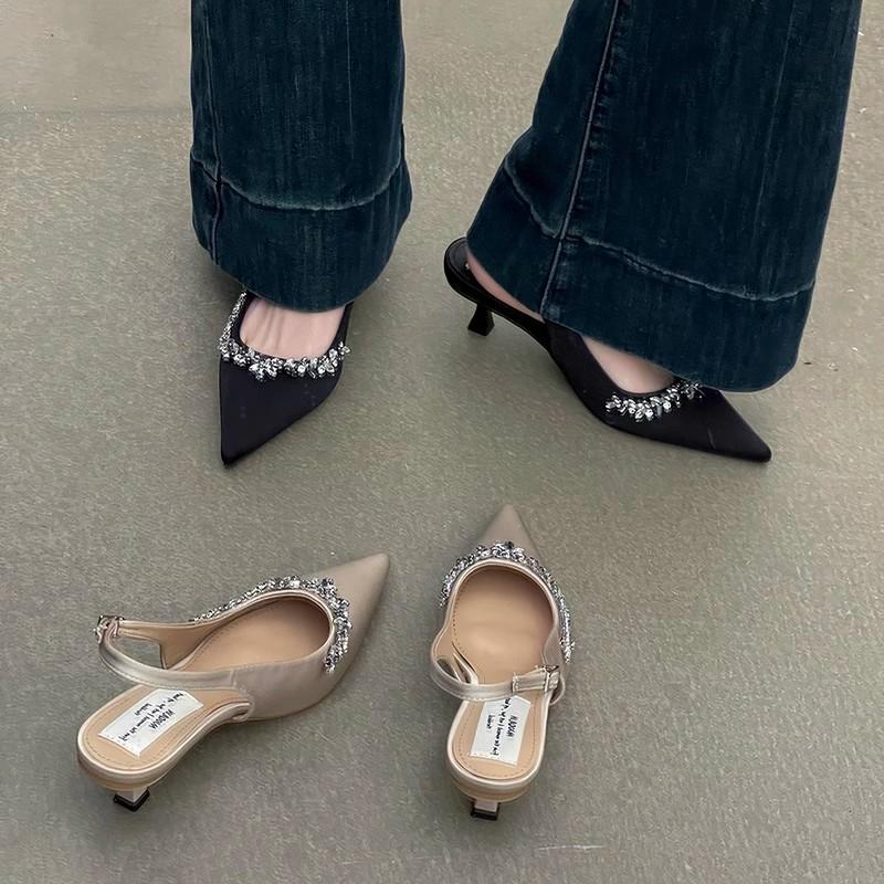 French baotou rhinestone sandals spring and summer new fashion fairy style with skirt apricot pointed single shoes high heels