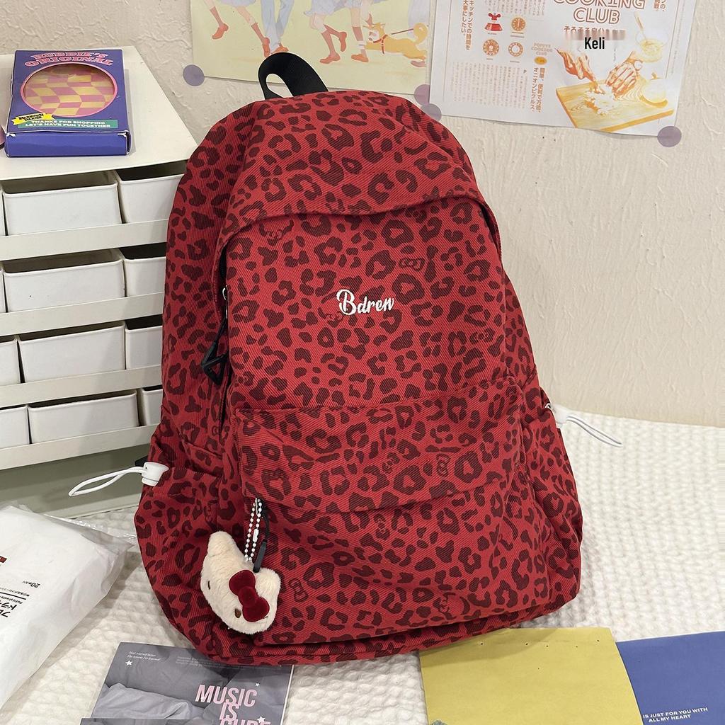 Women's Red Leopard Print Double Shoulder Backpack - Stylish American Niche Travel Bag, Large Capacity, Lightweight