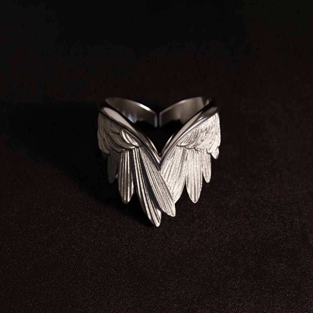 Creative Personality Silver Color Stainless Steel Angel Wings Couple Rings for Women Men Charm Feather Opening Ring Rock Jewelry