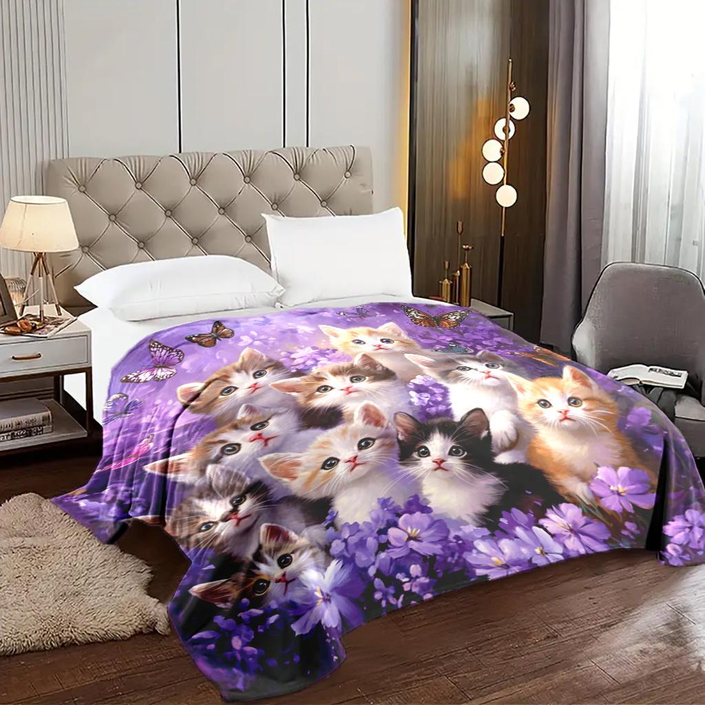 Kätzchen Blumen Schmetterling Flanell Überwurfdecke, gesteppter Glam-Stil für Sofa Bett, Fantasy-Thema Gemütliches Geschenk, Ganzjahres