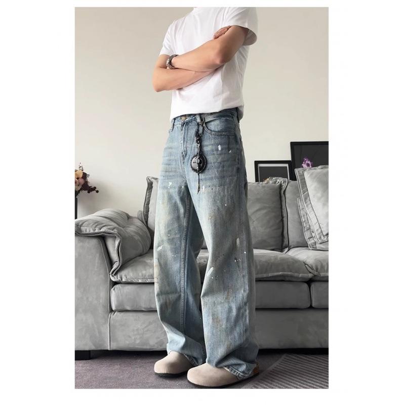 JYL Unisex Straight Jeans High-Street Splash Vintage Washed Loose Casual Denim Pants