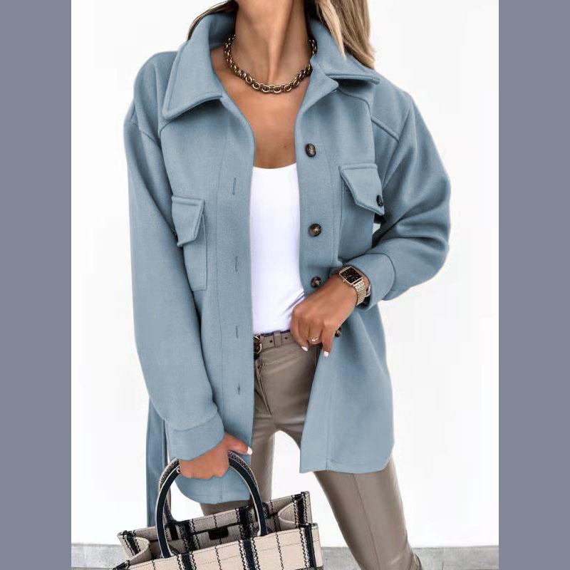 Autumn and Winter Lapel Single Breasted Thickened Solid Color Shirt Women's Woolen Loose Jacket Wool Women's Woolen Jacket