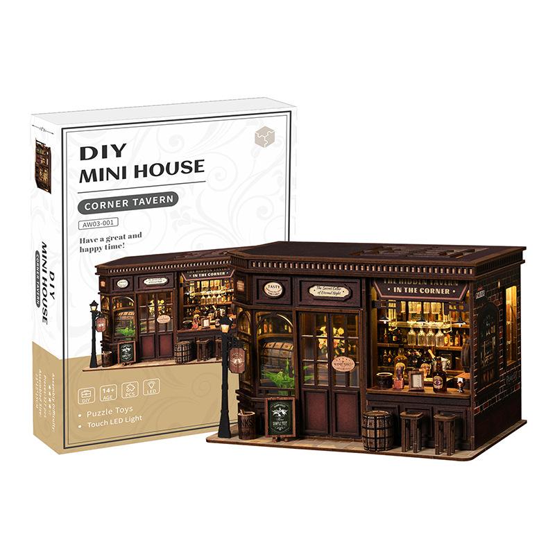 

NEW Retro DIY Wooden Corner Tavern House Figurines Miniatures Kits With LED Lights Home Desk Decoration For Adult Handmade Gifts