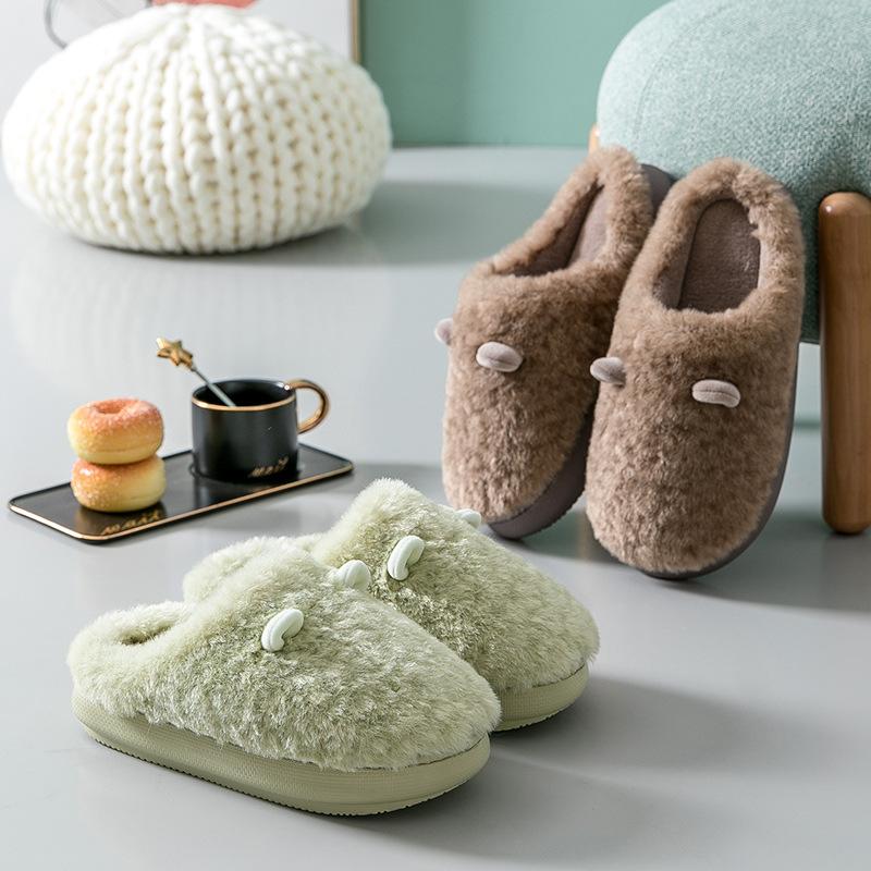 New Winter Slippers for Women Men Indoor Furry Warm Home Shoes Soft EVA Thick Sole Plush Women Couples Cute Platform Slides