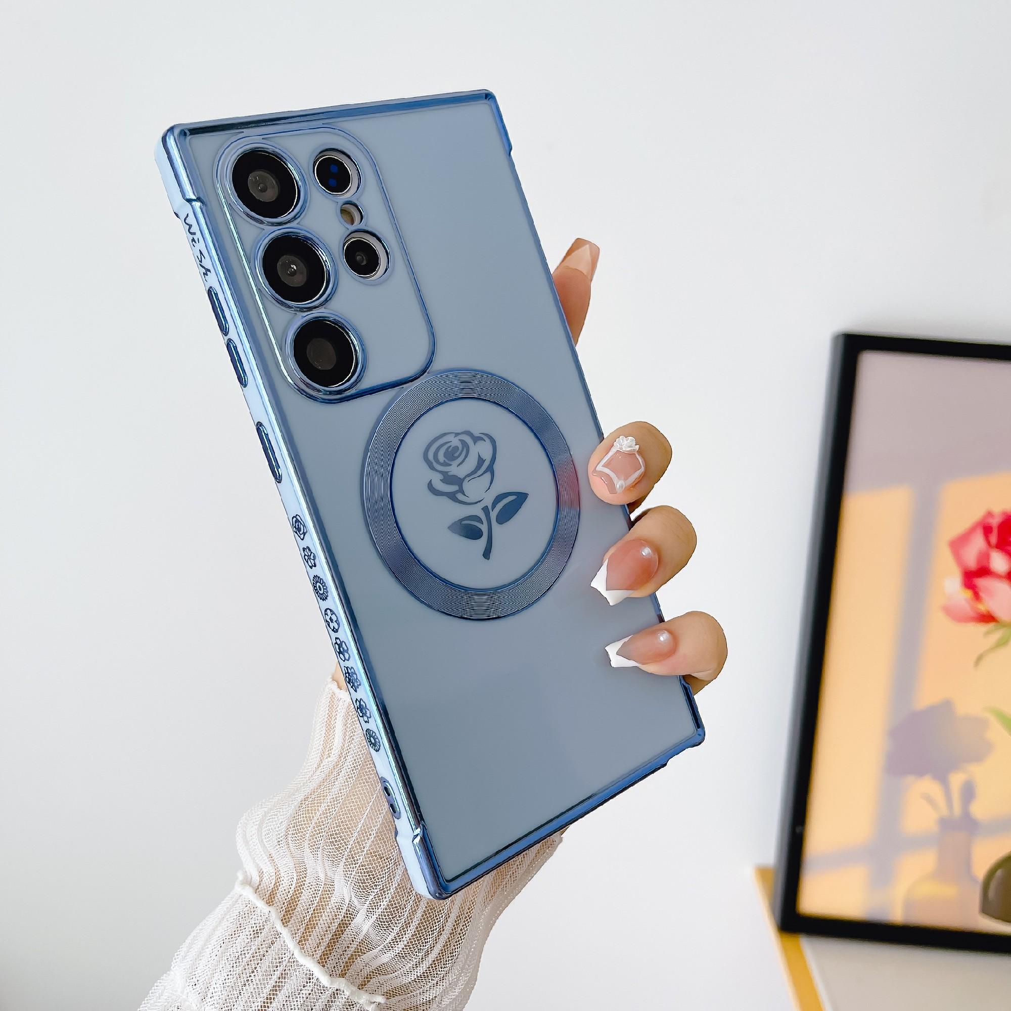 

For Samsung Galaxy S25 Ultra Case Compatible with MagSafe Rose Flower Electroplated TPU Phone Cover Blue