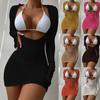Three Pieces Bikini Sets For Women Padded Push Up Bra+Shorts+Long Sleeve Pullover Cover Ups Ladies Beach Bathing Suits Swimsuits