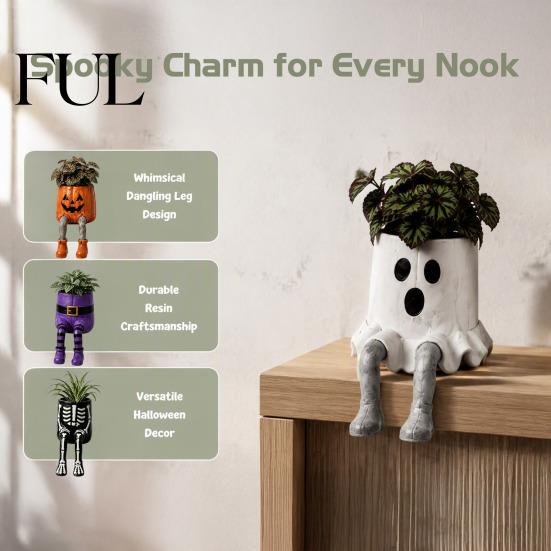 Spooky Home Accents Halloween Sitting Leg-Dangled Planter, Funny Long Leg Succulent Plant Pot Whimsical Window Display Ornaments with Pumpkin