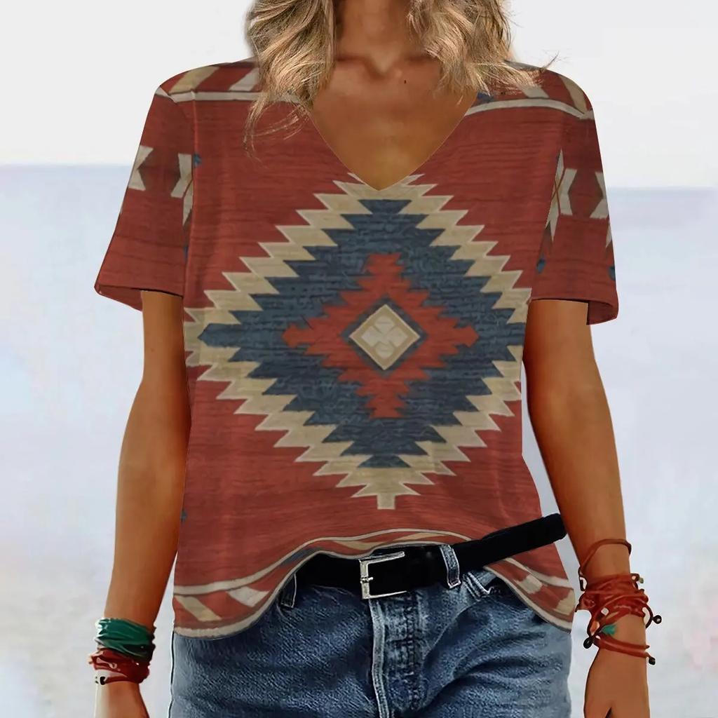 Short Sleeved V-neck Summer Ethnic Style Print Design Casual Women's T-shirts