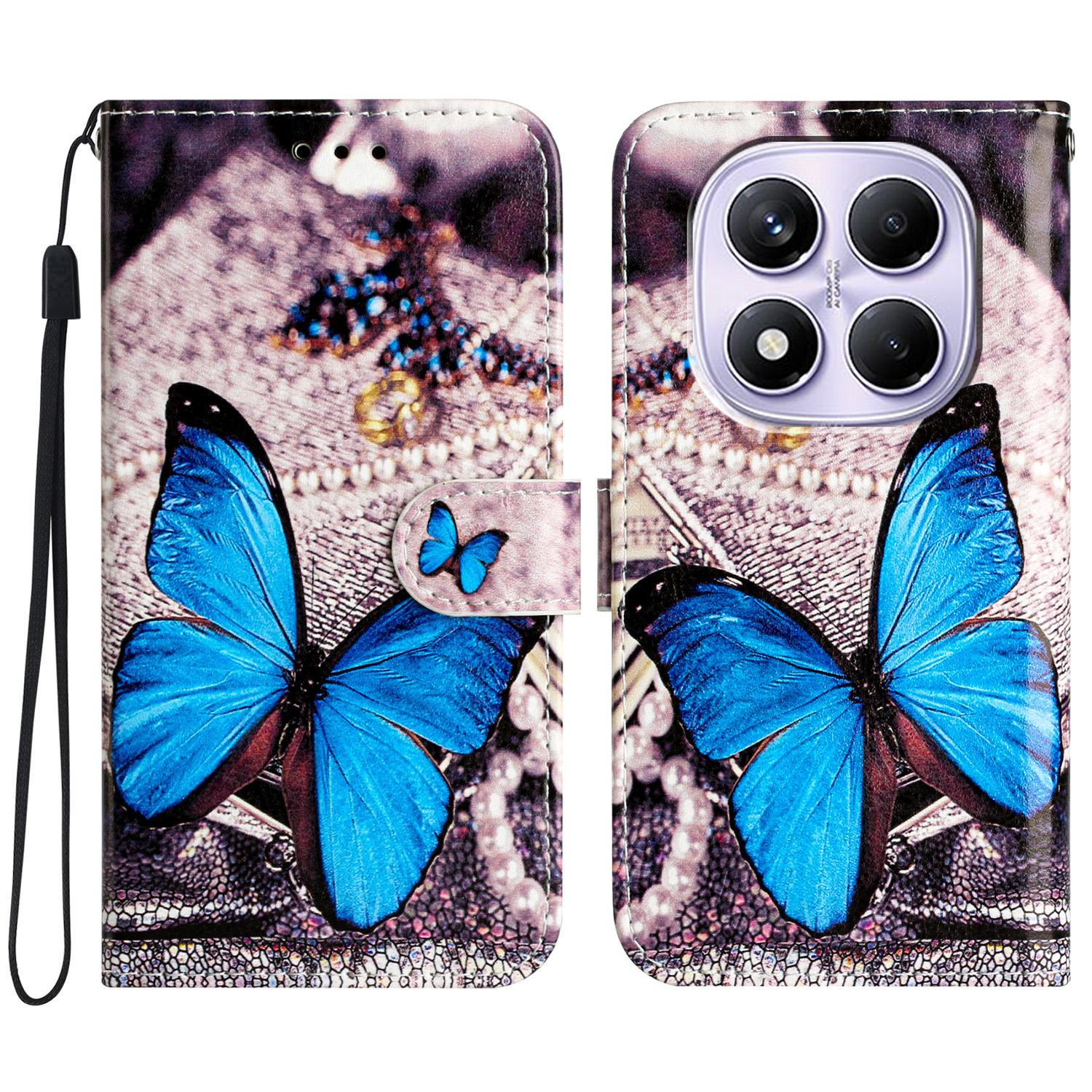 

Для Xiaomi Redmi Note 14 Pro 4G Чехол-кошелек Дизайн с принтом Кожаный чехол для телефона Blue Butterfly