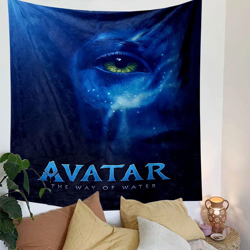 A glowing blue face with bright yellow-green eye and star-like spots. Patterned tapestry for bedroom and living room home decor