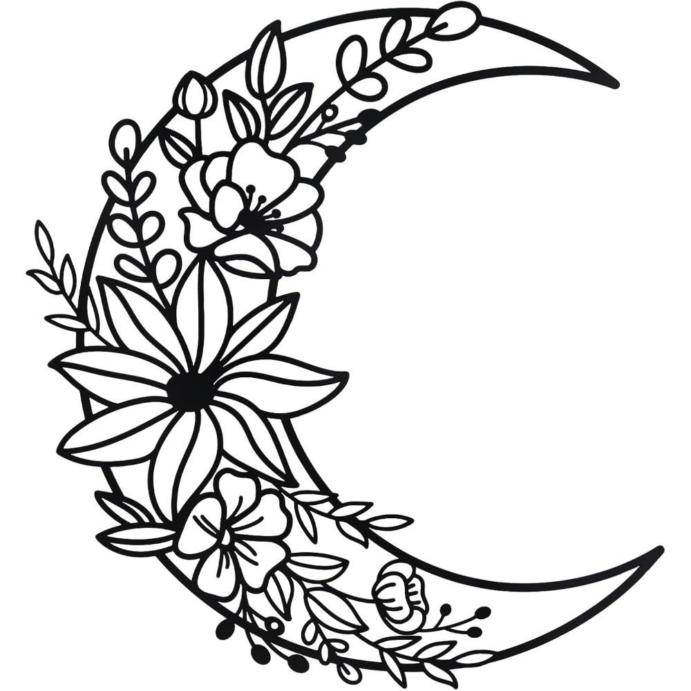 Wrought Iron Moon Wall Art, Boho Metal Floral Decor Home Hanging Ornament