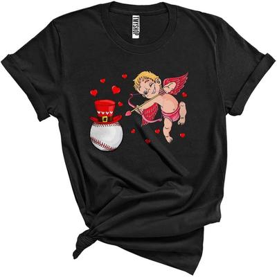 Cupid with Baseball Ball Cool Happy Valentine's Day Hearts Matching Baseball Player Team Lover Unisex T-Shirt Black