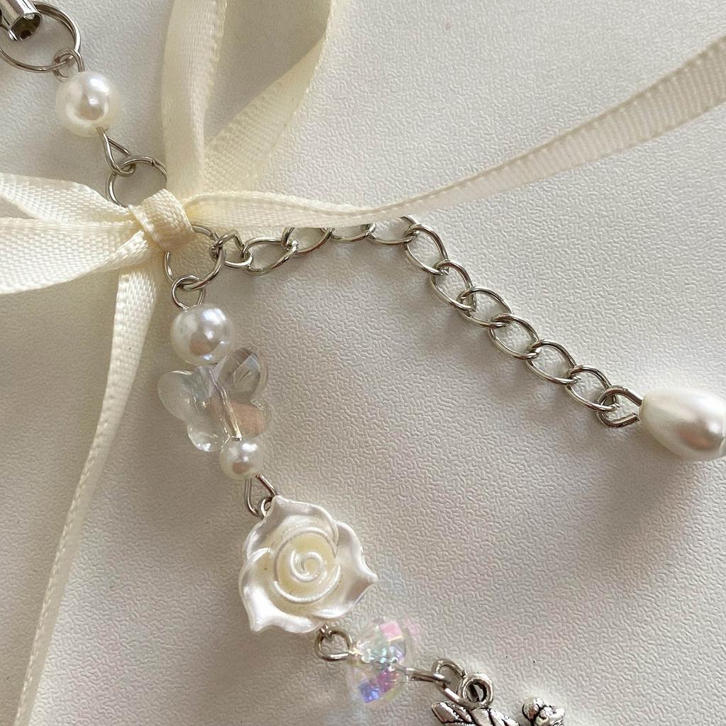 Handmade Rose Flower Phone Chain Angel Pendant Keychain Sweet Cool Bowknot Phone Lanyard Acrylic Keyring Bag Ornament