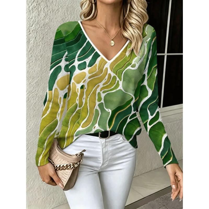 Autumn Women's 3D Geometric Printed V-Neck Long Sleeve T-Shirt