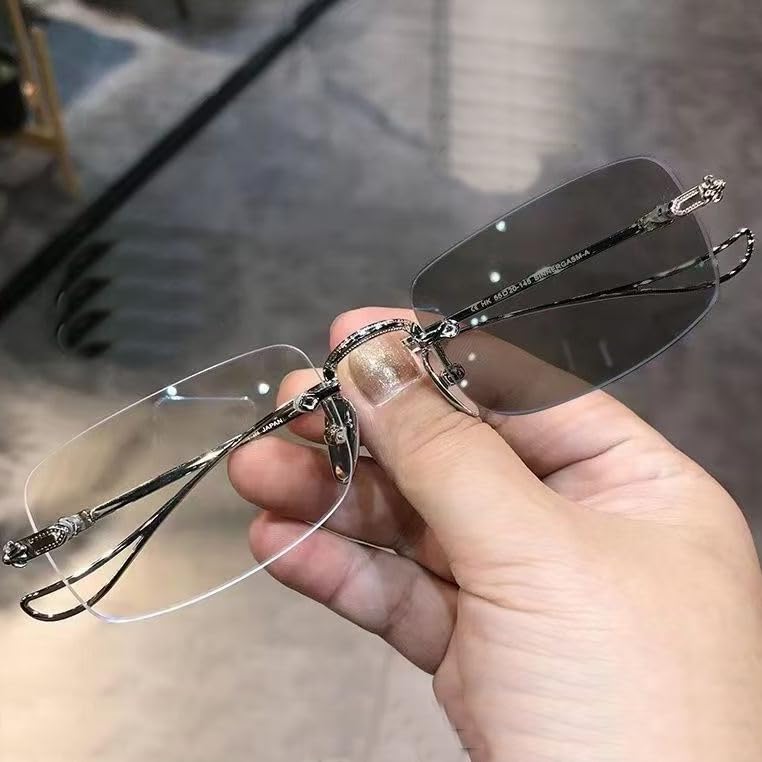 Korean Rimless Photochromic Sunglasses with Polarized Lenses and UV Protection [88flix] Color-Changing (Silver)