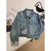 Spring and Autumn New Plaid Splicing Sleeves Short Denim Jacket Women's Loose Casual Small Jacket Trend