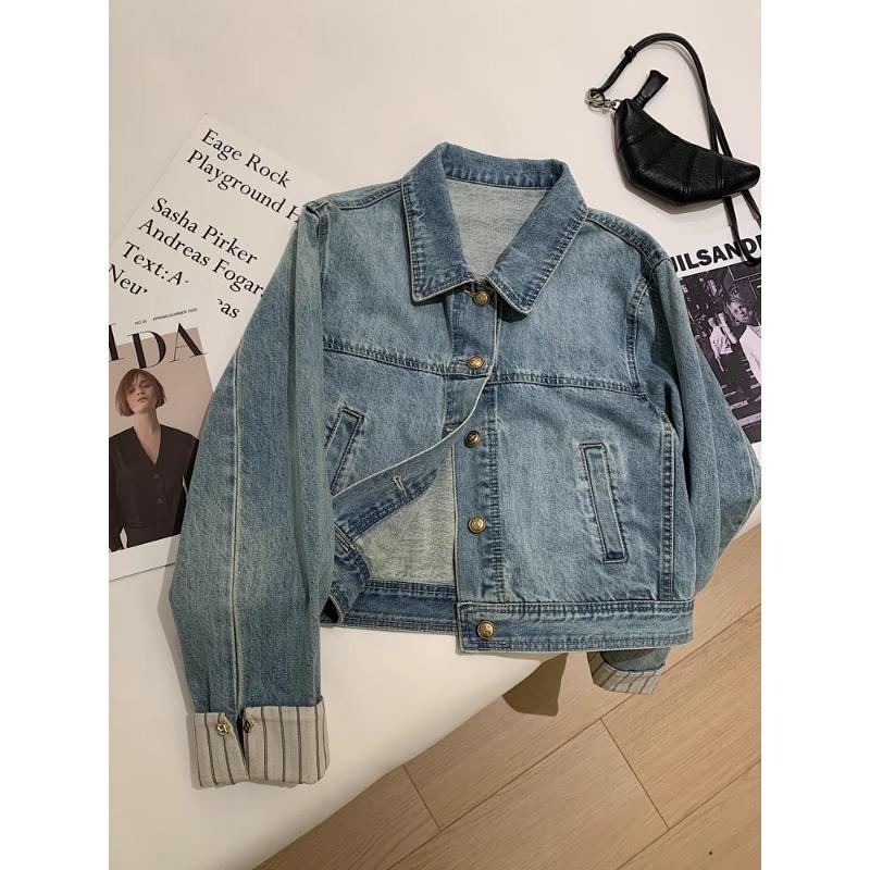 Spring and Autumn New Plaid Splicing Sleeves Short Denim Jacket Women's Loose Casual Small Jacket Trend