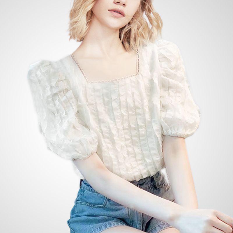 

Молодежная рубашка с квадратным вырезом и рукавами-буфами, универсальная, изящная летняя одежда White M