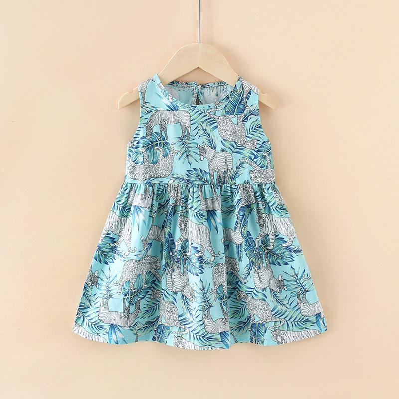 Girls Cotton Sleeveless Dress Summer Blue Leaf Zebra Print Princess Beach Sundress For Kids 90cm