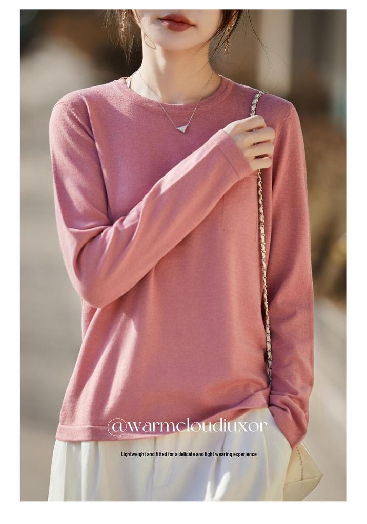 Women's Slim Fit Solid Color Round Neck Wool Sweater - Long Sleeve Fine Knit Base Layer