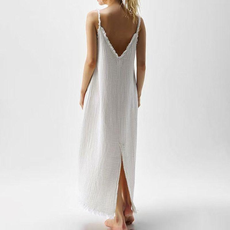 Fashion Style Fashion Minimalist Casual Suspender Dress Cotton Champray V Neck Split Dress Suspender Dress