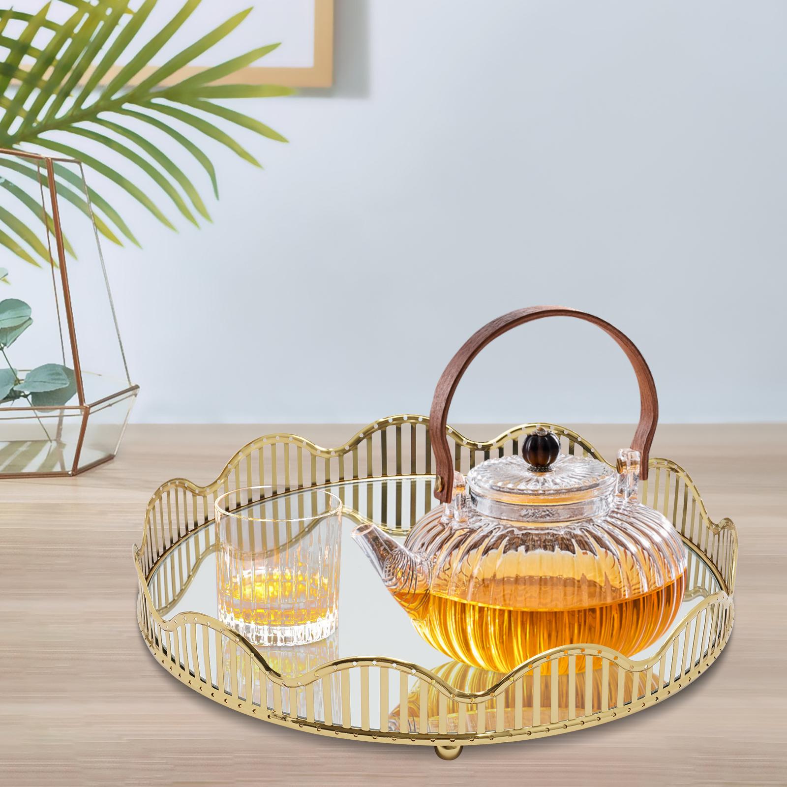 

Large Round Gold Rimmed Glass Mirror Tray, Decorative Organizer for Makeup Perfume Jewelry Storage, Centerpiece for Coffee Table золотой