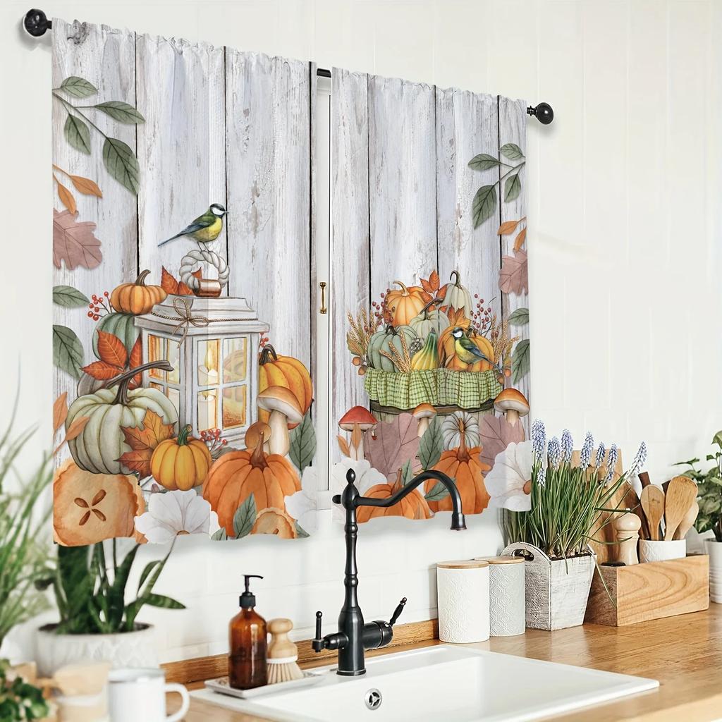 2 Stück Bauernhaus Kürbisse Rustikal Herbst Ahornblatt Pflanzen Heim Wohnzimmer Küche Dekoration Vorhänge Arbeitszimmer Esszimmer Schattentuch