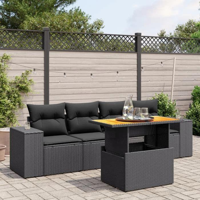 VidaXL Salon de Jardin avec Coussins 5 pcs, Canapés de Terrasse, Ensemble de Meubles de Patio, Mobilier d'Extérieur, Noir 3272511