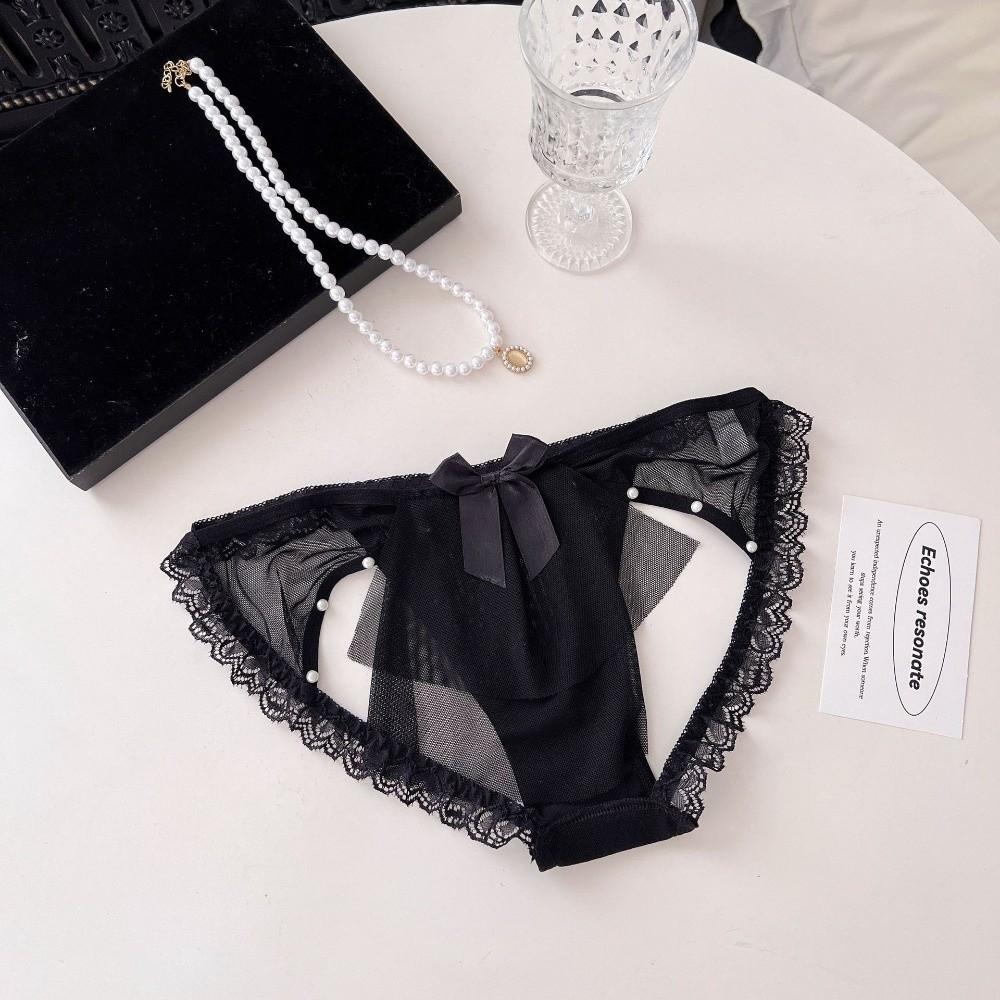 Low Waist Sheer Bow Lace Thong Bowknot Mesh Lace T Panties Lace Underwear  Home