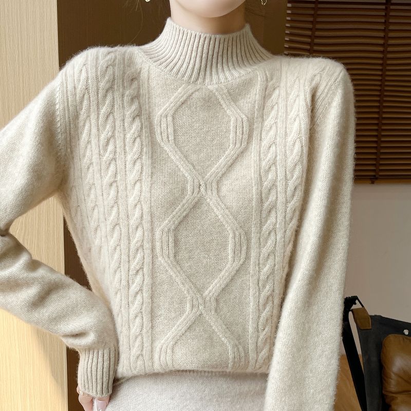 Women's Winter Thick Pure Wool Sweater - Half-Turtleneck High Neck Pullover, H-Silhouette Regular Fit with Flared Hem, Medium Stretch Long Sleeve