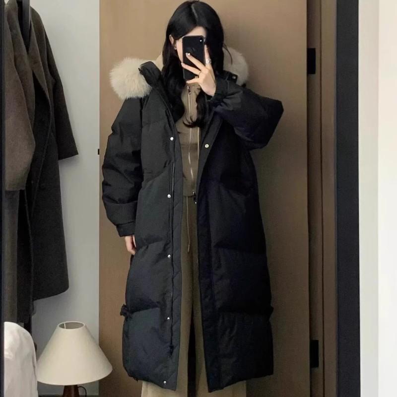 Women Over Knee Thick Warm Padded Cotton Winter Coat With Big Fur Collar
