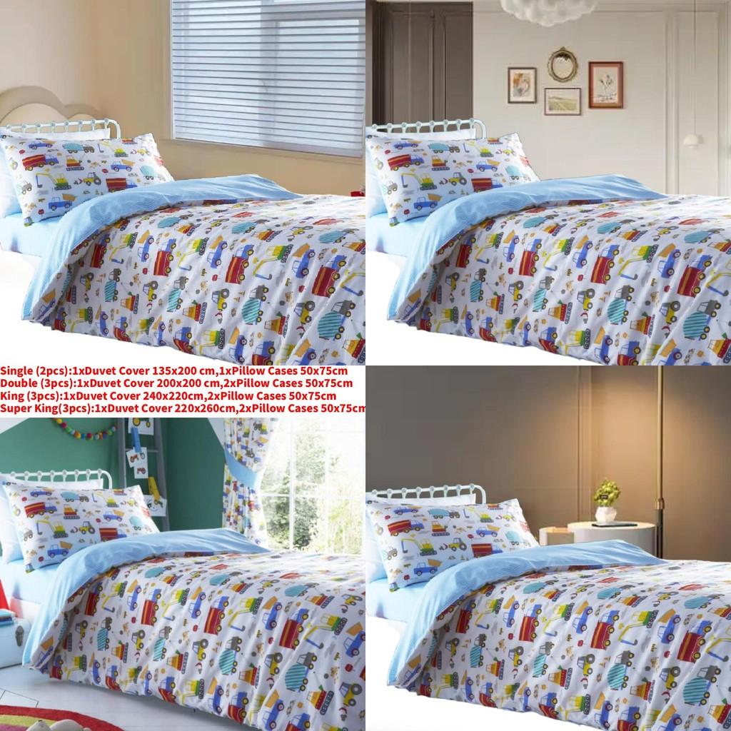 Car Trucks Diggers Cartoon Pattern 3d Digital Printed Bed Set With Polyester Cotton For Kids Bedroom Decor