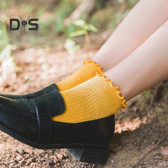 6 Pairs Women Socks Ruffle Edge Solid Color Anti-slip High Elasticity Ankle Length Low-cut Daily Sport Socks Great Gift for Mom Wife Daughter