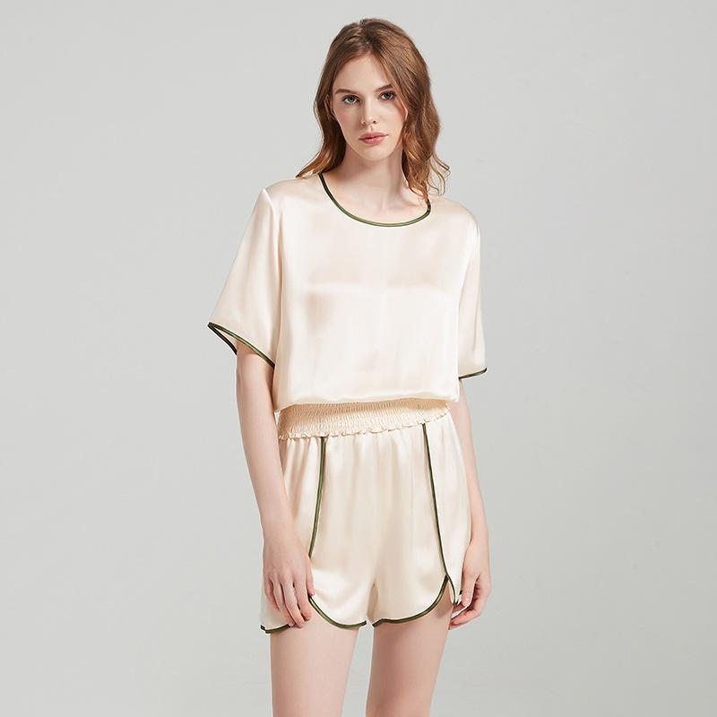 

Повседневная женская рубашка и шорты из шелка Mulberry, комплект пижамы, домашняя одежда, контрастные цвета, комплект с короткими рукавами и шортами XL